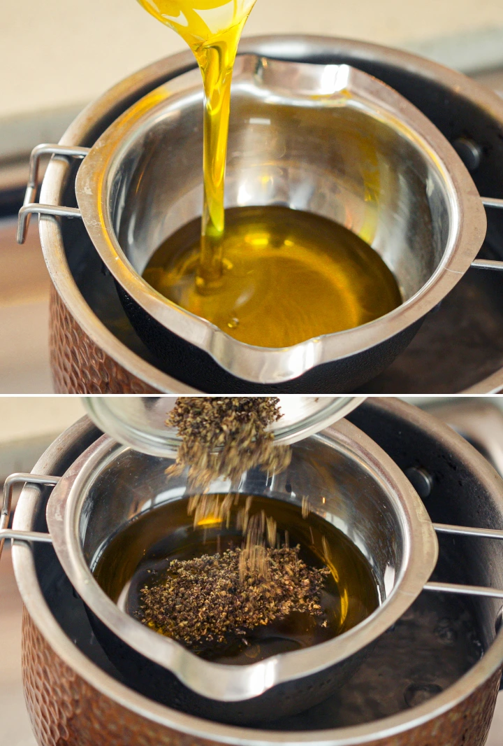 Extraction de cannabis dans l’huile d’olive au bain-marie Huile d’olive chauffée au bain-marie tandis que du cannabis décarboxylé est ajouté pour l’extraction.