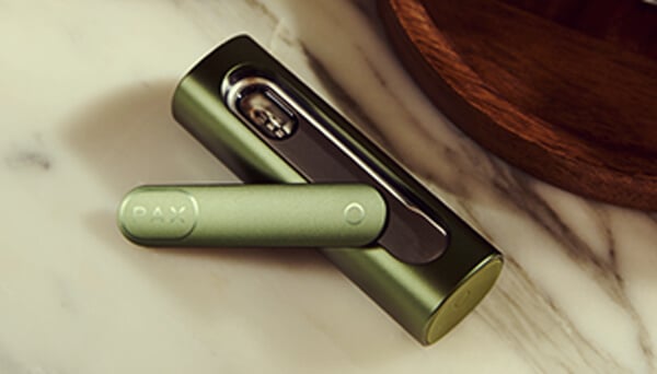 Vaporisateur Pax Flow ouvert Gros plan sur le vaporisateur Pax Flow ouvert révélant sa chambre interne remplie de cannabis, tenu par une main dans un cadre extérieur décontracté avec lumière naturelle.