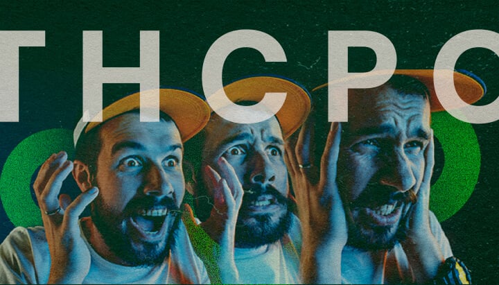 Comprenez les Risques et Effets Secondaires du THCPO avec Cette Illustration Expressive Dramatique Image dynamique de trois hommes expressifs avec des visages choqués portant des chapeaux jaunes, surmontée du texte