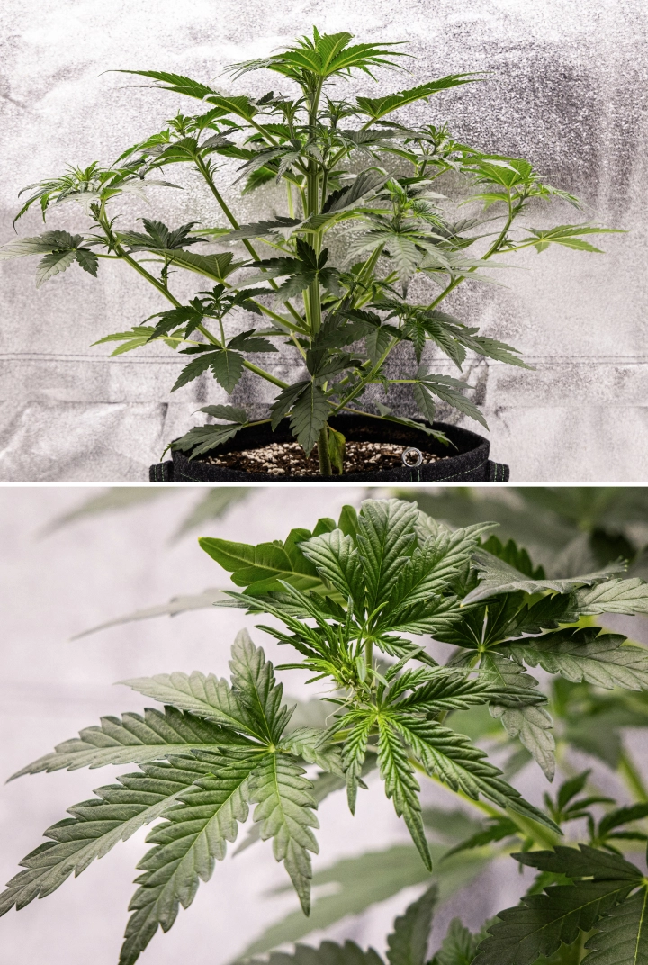 Grow report Royal Creamatic : semaine 4, début de floraison Plant de cannabis Royal Creamatic en semaine 4, montrant un début de floraison, un feuillage vert sain, des pistils frais et un fort développement des branches.