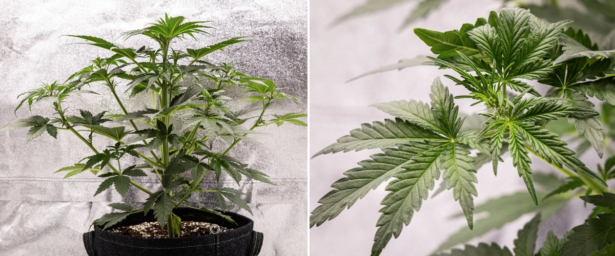 Grow report Royal Creamatic : semaine 4, début de floraison Plant de cannabis Royal Creamatic en semaine 4, montrant un début de floraison, un feuillage vert sain, des pistils frais et un fort développement des branches.