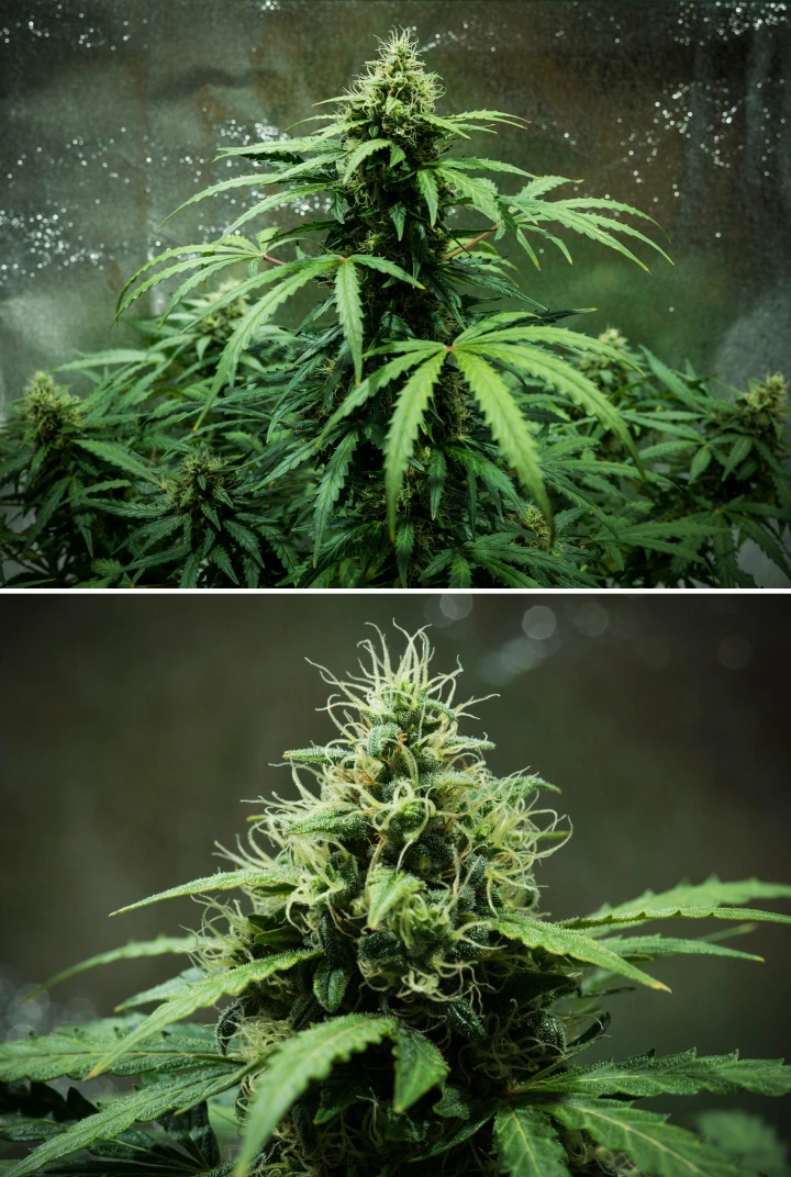 Plant de cannabis Royal Dwarf en semaine 7, montrant des têtes denses et collantes, des pistils blancs, des fleurs résineuses et un feuillage vert sain.