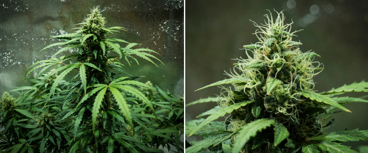 Plant de cannabis Royal Dwarf en semaine 7, montrant des têtes denses et collantes, des pistils blancs, des fleurs résineuses et un feuillage vert sain.