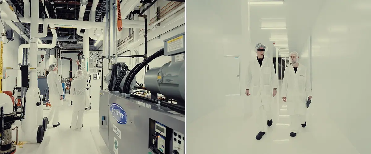 Culture de Cannabis CRIC Labs en Hiver Canadien Guide Une illustration de Max s'approchant de CRIC Labs par un hiver canadien enneigé, contrastant avec une salle de culture intérieure high-tech présentant des hybrides de cannabis, un éclairage avancé et un contrôle climatique, sur un fond vert.
