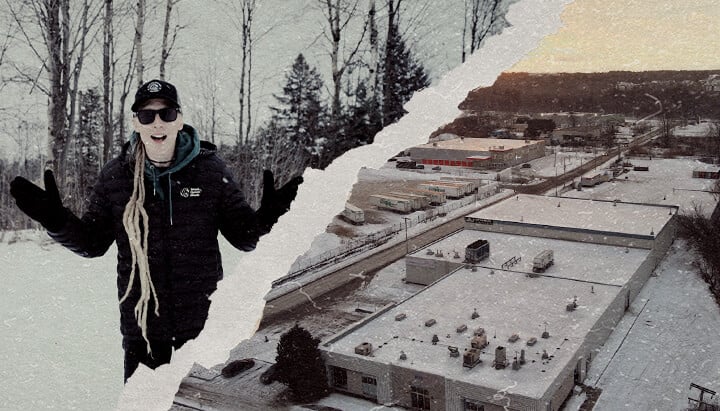 Culture de Cannabis CRIC Labs en Hiver Canadien Guide Une illustration de Max s'approchant de CRIC Labs par un hiver canadien enneigé, contrastant avec une salle de culture intérieure high-tech présentant des hybrides de cannabis, un éclairage avancé et un contrôle climatique, sur un fond vert.