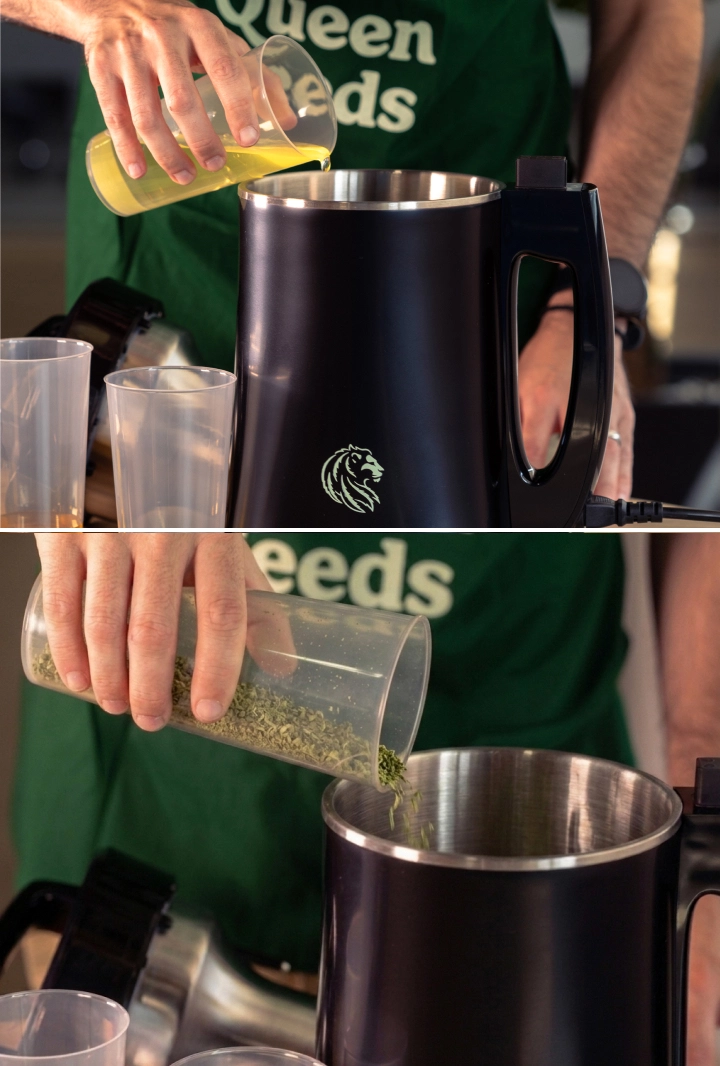 Apprenez à préparer et décarboxyler le cannabis, puis à l’ajouter avec des huiles naturelles dans un infuseur pour obtenir une infusion d’huile de cannabis homogène.
