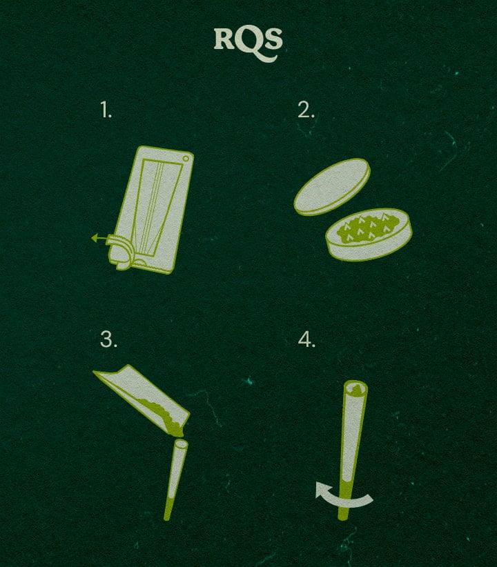 Comment Remplir un Cône Pré-Roulé de Marijuana Illustration du processus de remplissage d'un cône pré-roulé de marijuana, design vert et blanc sur fond sombre par RQS.