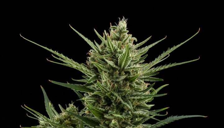 Tête de cannabis Sweet Skunk Auto avec des fleurs denses et résineuses, des feuilles résineuses vertes, des pistils orange et une croissance compacte sur fond sombre.
