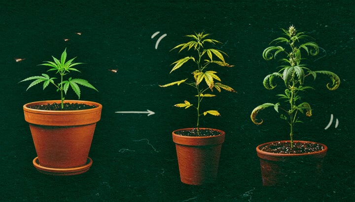 CCYV Symptoms in Cannabis Plants Three potted cannabis plants showing CCYV symptoms with yellowing and curling leaves on green background.