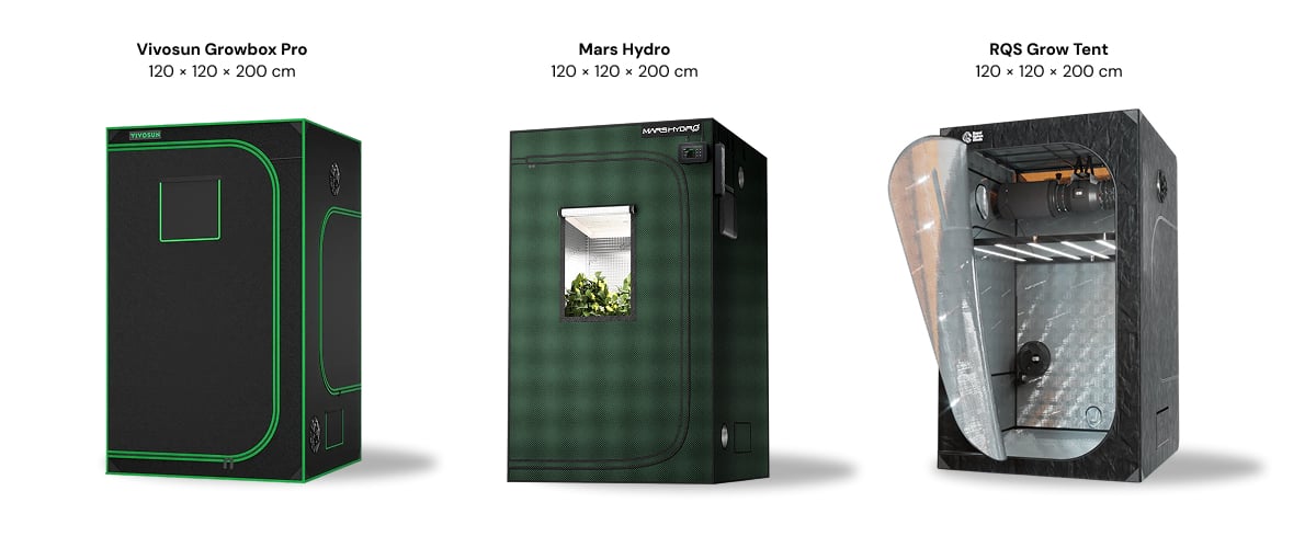 Trois tentes de culture de 120 × 120 × 200 cm présentées côte à côte : Vivosun Growbox Pro, Mars Hydro et RQS Grow Tent