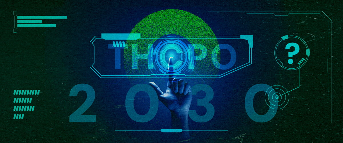 Plongez dans l'Avenir des Tendances et Recherches sur le THCPO avec Cette Illustration Holographique Haute Technologie Image futuriste d'une main pressant un bouton holographique