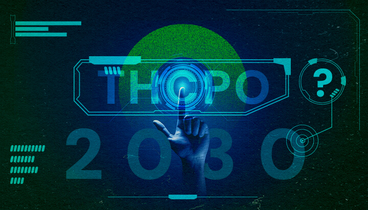 Plongez dans l'Avenir des Tendances et Recherches sur le THCPO avec Cette Illustration Holographique Haute Technologie Image futuriste d'une main pressant un bouton holographique