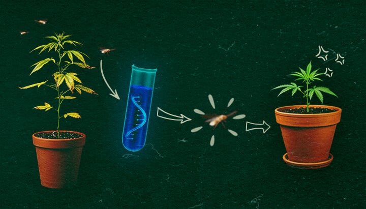 Aleurodes dans la transmission de CCYV Plantes de cannabis avec tube à essai et aleurodes sur fond vert, montrant le processus de transmission de CCYV.