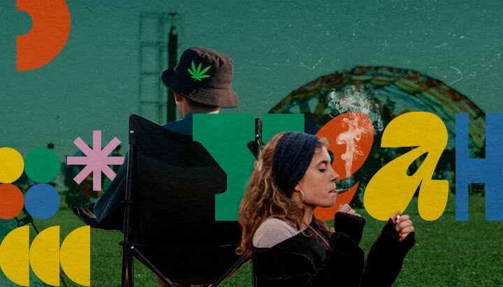 Meilleurs Festivals Musicaux Amicaux au Cannabis 2025 Une personne fumant un joint à un festival musical amical au cannabis en 2025, assise sur une chaise avec une autre personne en arrière-plan, sur un fond coloré de formes géométriques vertes, oranges et jaunes et un chapeau à feuille de cannabis.