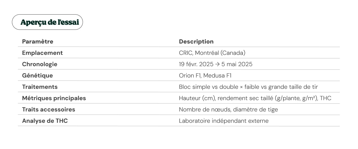 Tableau récapitulatif de l’essai indiquant le site CRIC, le calendrier, les génétiques de cannabis et les paramètres étudiés