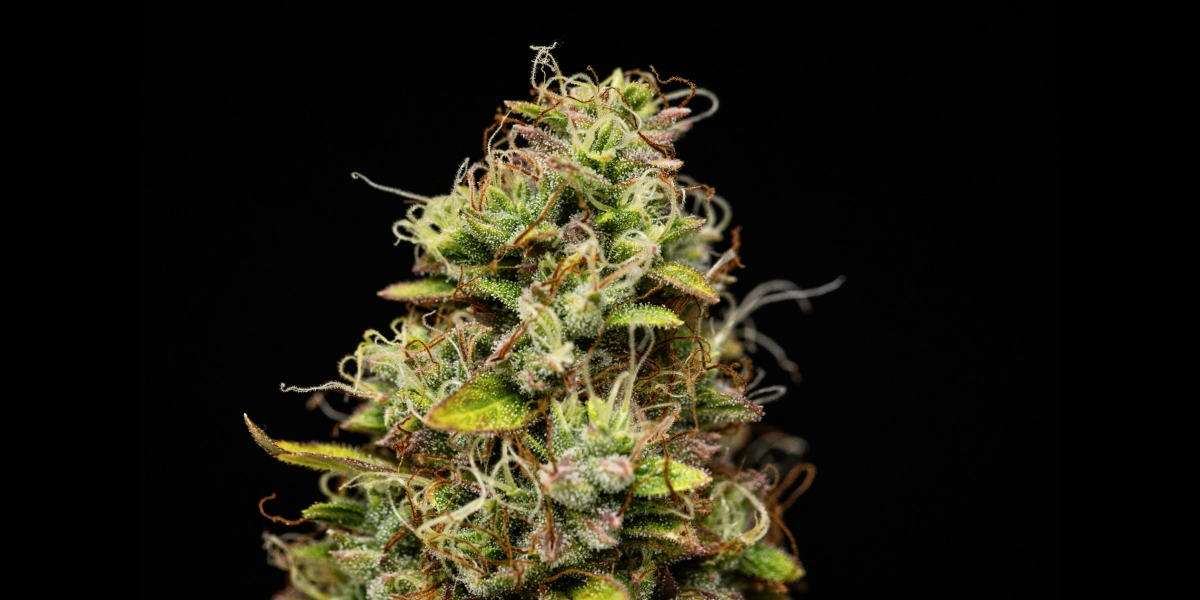 Tête de cannabis Wedding Cake Auto avec des fleurs denses et résineuses, des pistils orange, des feuilles résineuses vertes et une croissance compacte sur fond sombre.