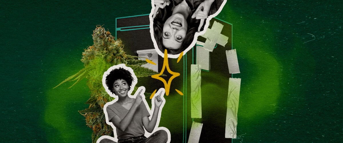Qu'est-ce qui Rend Vraiment une Tente de Culture Étanche aux Odeurs Cannabis Une illustration de bourgeons de cannabis avec deux femmes et une tente de culture scellée avec du ruban adhésif, sur un fond vert, explorant ce qui rend une tente de culture étanche aux odeurs.