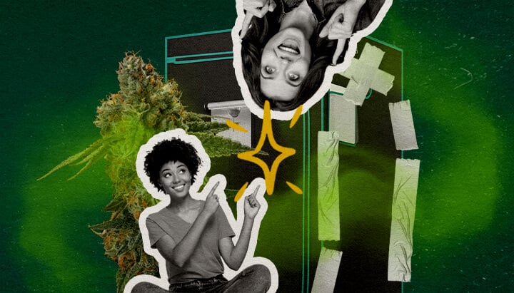 Qu'est-ce qui Rend Vraiment une Tente de Culture Étanche aux Odeurs Cannabis Une illustration de bourgeons de cannabis avec deux femmes et une tente de culture scellée avec du ruban adhésif, sur un fond vert, explorant ce qui rend une tente de culture étanche aux odeurs.