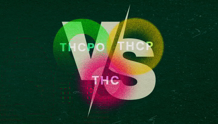 Découvrez les Différences entre THCPO, THCP et THC avec ce Graphique de Comparaison Vibrant Graphique coloré comparant le THCPO, le THCP et le THC avec un texte audacieux et des teintes vibrantes vertes, roses et jaunes sur un fond vert foncé, idéal pour des articles de comparaison sur le cannabis.