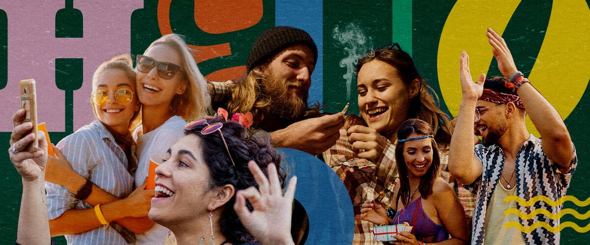 Scène Vibrante d'un Festival Musical Amical au Cannabis Groupe d'amis à un festival musical amical au cannabis, souriants, prenant des selfies, dansant et partageant un joint, avec un arrière-plan coloré de formes géométriques vertes, jaunes et bleues, capturant l'ambiance festive.