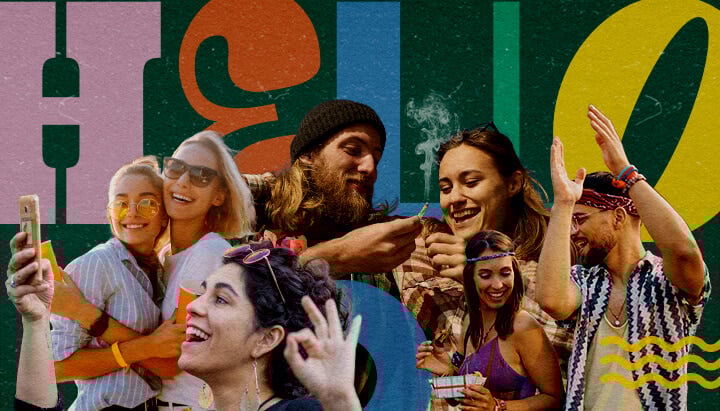 Scène Vibrante d'un Festival Musical Amical au Cannabis Groupe d'amis à un festival musical amical au cannabis, souriants, prenant des selfies, dansant et partageant un joint, avec un arrière-plan coloré de formes géométriques vertes, jaunes et bleues, capturant l'ambiance festive.