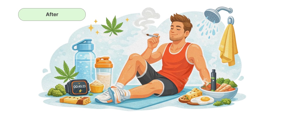 Illustration d’un coureur se relaxant avec du cannabis après l’entraînement, montrant nourriture, hydratation, douche et éléments de récupération