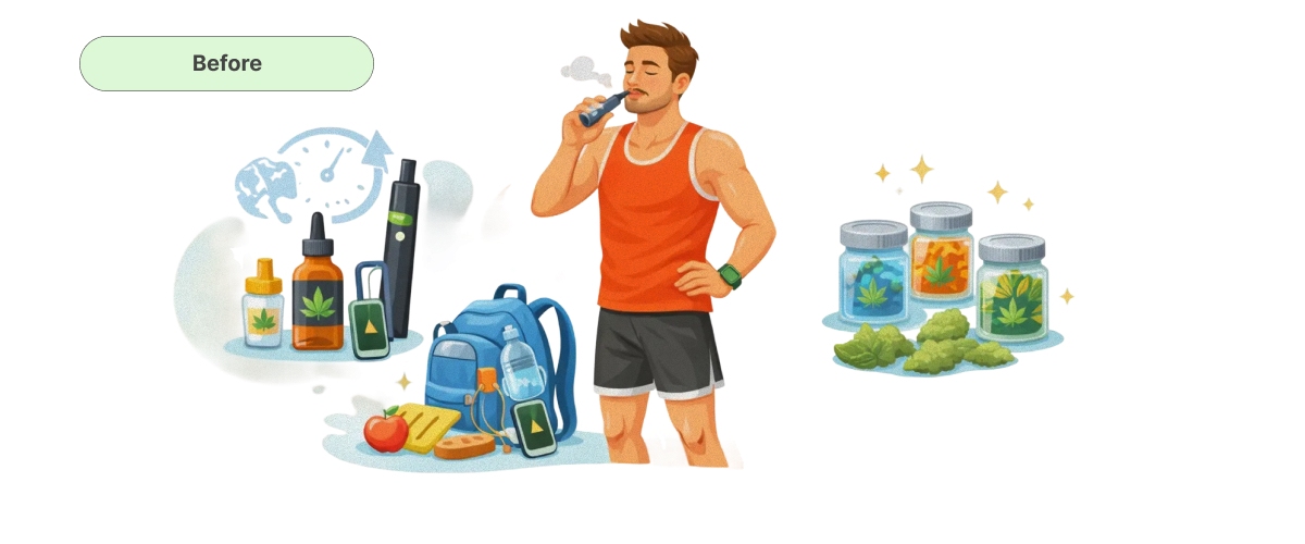 Illustration d’un coureur se préparant à consommer du cannabis avant un entraînement, avec vape, huiles, fleurs et équipement de course