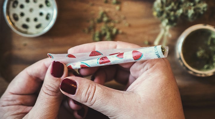 Personne en train de rouler un joint avec des papiers à rouler à motif de pastèque.