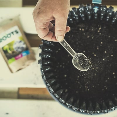 Une personne utilisant une cuillère pour ajouter de petites graines dans un pot de terre.