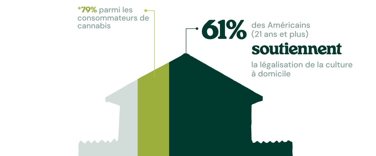 Infographie montrant que 61 % des Américains âgés de 21 ans et plus soutiennent la légalisation de la culture à domicile, un chiffre qui grimpe à 79 % parmi les consommateurs de cannabis.