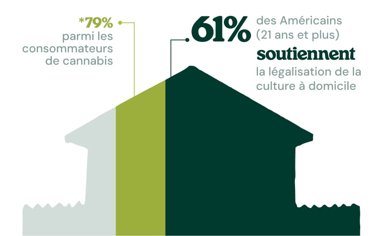 Infographie montrant que 61 % des Américains âgés de 21 ans et plus soutiennent la légalisation de la culture à domicile, un chiffre qui grimpe à 79 % parmi les consommateurs de cannabis.