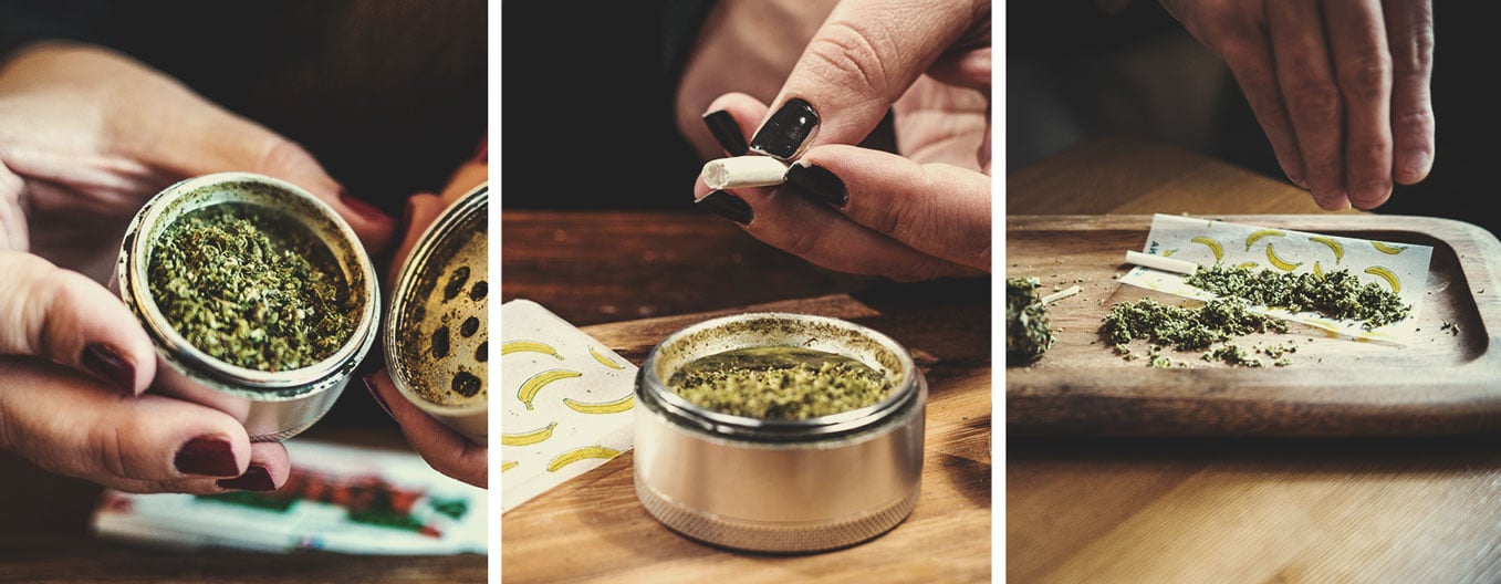 Gros plan d'une main remplissant un papier à rouler de cannabis moulu, mettant en valeur la texture et les détails de l'herbe.