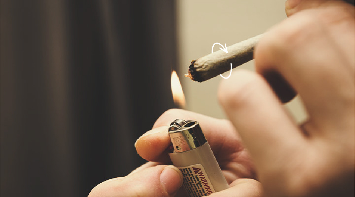 Main allumant un joint avec un briquet.