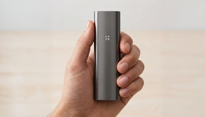 Vue produit du vaporisateur PAX Four tenu en main Vaporisateur PAX Four tenu dans une main, montrant son corps fin et mat, son format compact et son indicateur LED en pétales à l’avant
