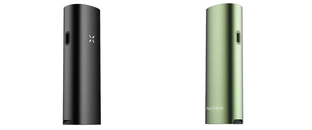 Options de couleur du vaporisateur PAX Four en noir et vert Vaporisateurs PAX Four noir et vert présentés côte à côte, mettant en avant leur design fin et compact, l’indicateur LED en pétales, le port de charge latéral et les options de couleur