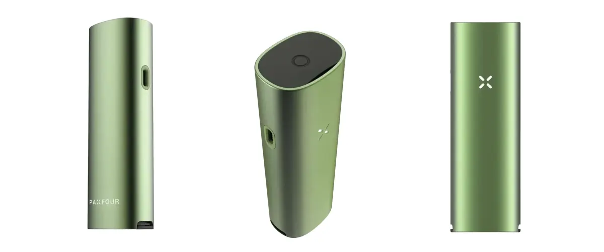 Vue produit du vaporisateur vert PAX Four Vaporisateur PAX Four vert présenté sous plusieurs angles, mettant en avant son design fin, son embout, son bouton d’alimentation, son indicateur LED en pétales et son format compact
