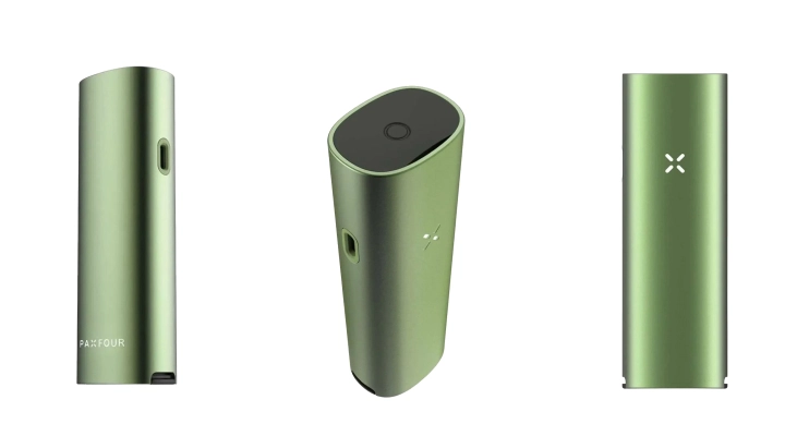 Vue produit du vaporisateur vert PAX Four Vaporisateur PAX Four vert présenté sous plusieurs angles, mettant en avant son design fin, son embout, son bouton d’alimentation, son indicateur LED en pétales et son format compact