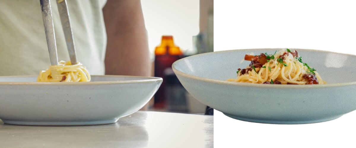 Dressage de spaghetti carbonara crémeux infusé au cannabis avec pancetta et fromage râpé, étape finale avant de servir