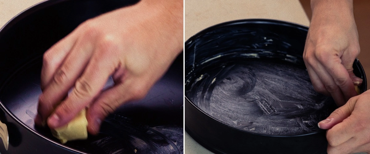 Beurrer un moule à charnière avec du beurre, première étape pour préparer un space cake maison au cannabis