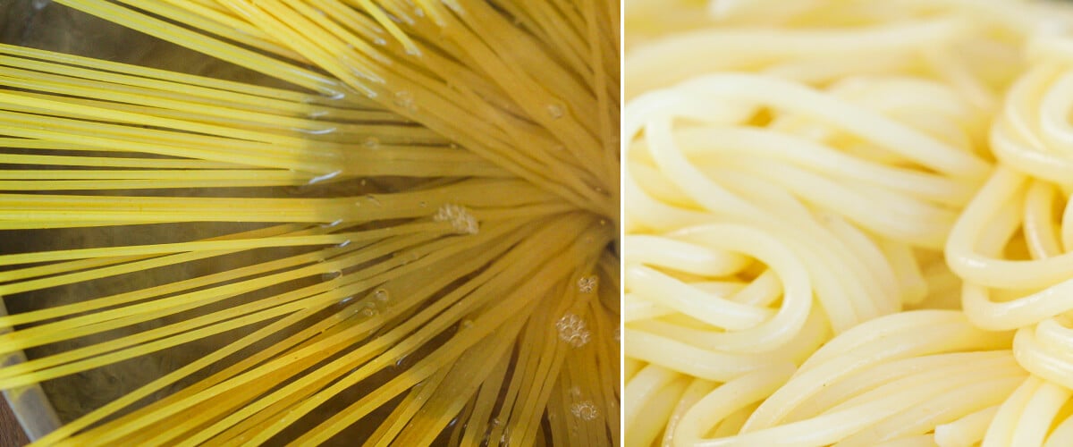 Spaghetti en train de cuire dans de l’eau salée et pâtes égouttées, première étape pour préparer une carbonara infusée au cannabis