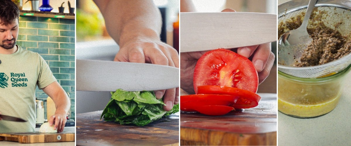 Préparer les ingrédients du burger en coupant la tomate, la laitue, en formant le steak haché et en réchauffant le pain infusé, première étape pour préparer un burger au cannabis