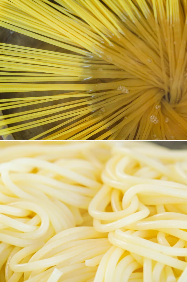 Spaghetti en train de cuire dans de l’eau salée et pâtes égouttées, première étape pour préparer une carbonara infusée au cannabis