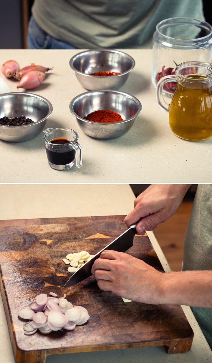 Step 1: Prepare the Ingredients for Cannabis-Infused Chilli Olive Oil Preparing ingredients for cannabis-infused chilli olive oil, including olive oil, chilli flakes, spices, and slicing garlic and shallots on a wooden board