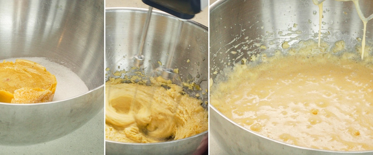 Préparation d’une pâte au chocolat avec beurre, sucre, œufs, cacao et lait, deuxième étape pour un space cake au cannabis