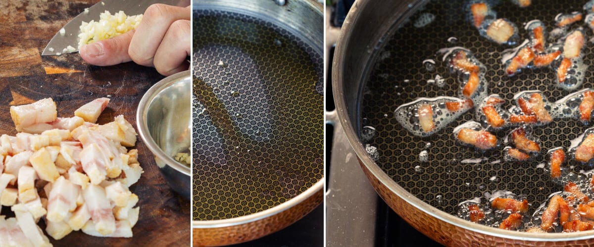 Pancetta coupée en dés qui frit dans une poêle avec du beurre ou de l’huile infusée, deuxième étape pour une carbonara au cannabis