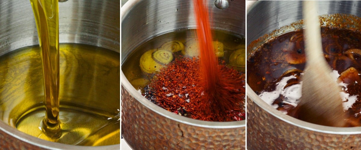 Étape 2 : Chauffer l’Huile et Infuser avec du Cannabis et du Piment Chauffage de l’huile d’olive et ajout de flocons de piment, d’aromates et de cannabis décarboxylé dans une casserole pour infuser une huile au piment et au cannabis