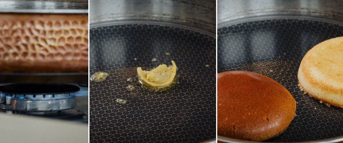 Infuser les pains à burger en les faisant griller dans du beurre au cannabis dans une poêle, deuxième étape pour préparer un burger au cannabis