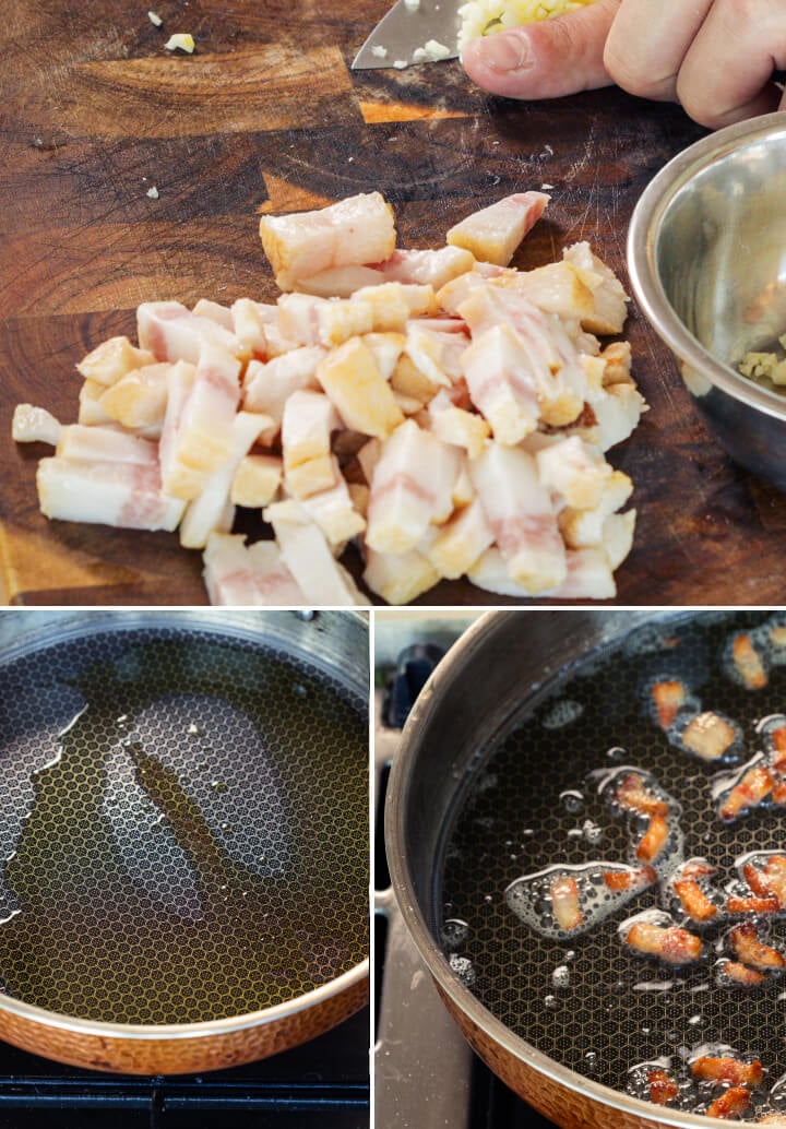 Pancetta coupée en dés qui frit dans une poêle avec du beurre ou de l’huile infusée, deuxième étape pour une carbonara au cannabis