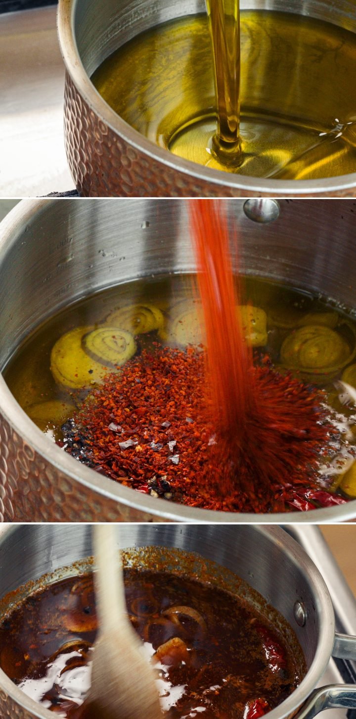 Étape 2 : Chauffer l’Huile et Infuser avec du Cannabis et du Piment Chauffage de l’huile d’olive et ajout de flocons de piment, d’aromates et de cannabis décarboxylé dans une casserole pour infuser une huile au piment et au cannabis