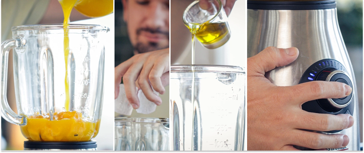 Étape 3 : Ajouter la mangue, la menthe, l’huile MCT au cannabis et la lécithine dans le mixeur Ajout de mangue coupée, de menthe, de glaçons, d’huile MCT au cannabis et de lécithine dans le bol du mixeur avant de mixer.